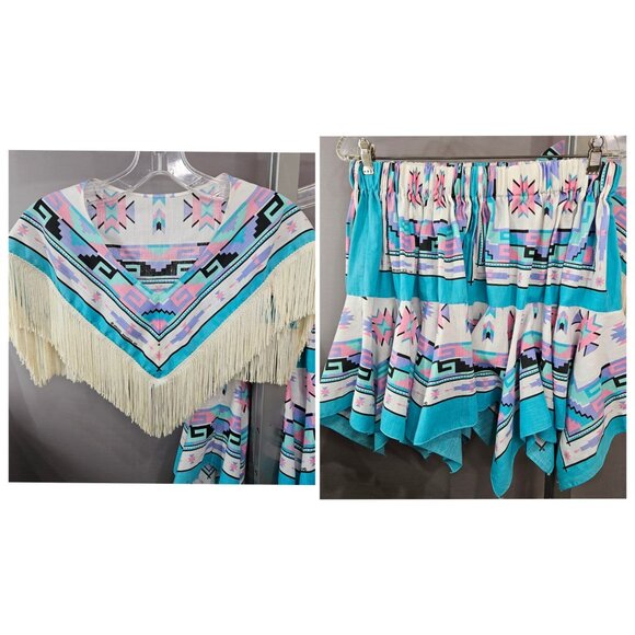 Vintage Cape Handkerchief Skirt Large Turquoise South Western Short Crop Fringe - Picture 1 of 11